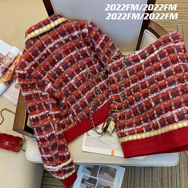 Women Elegant Tweed Red Suit J - Winter Clothing Vintage 评论和价格
