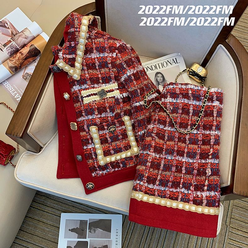 Women Elegant Tweed Red Suit J - Winter Clothing Vintage 评论和价格