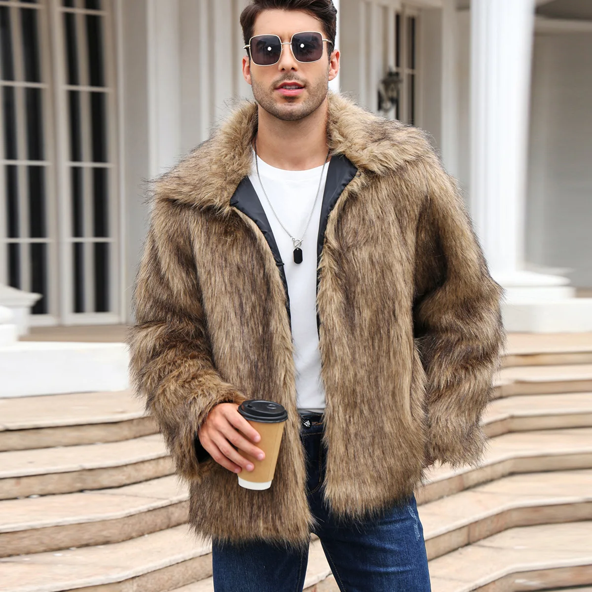 Men Faux Fox Fur Jacket Coat W - Winter Clothing Cute 评论和价格