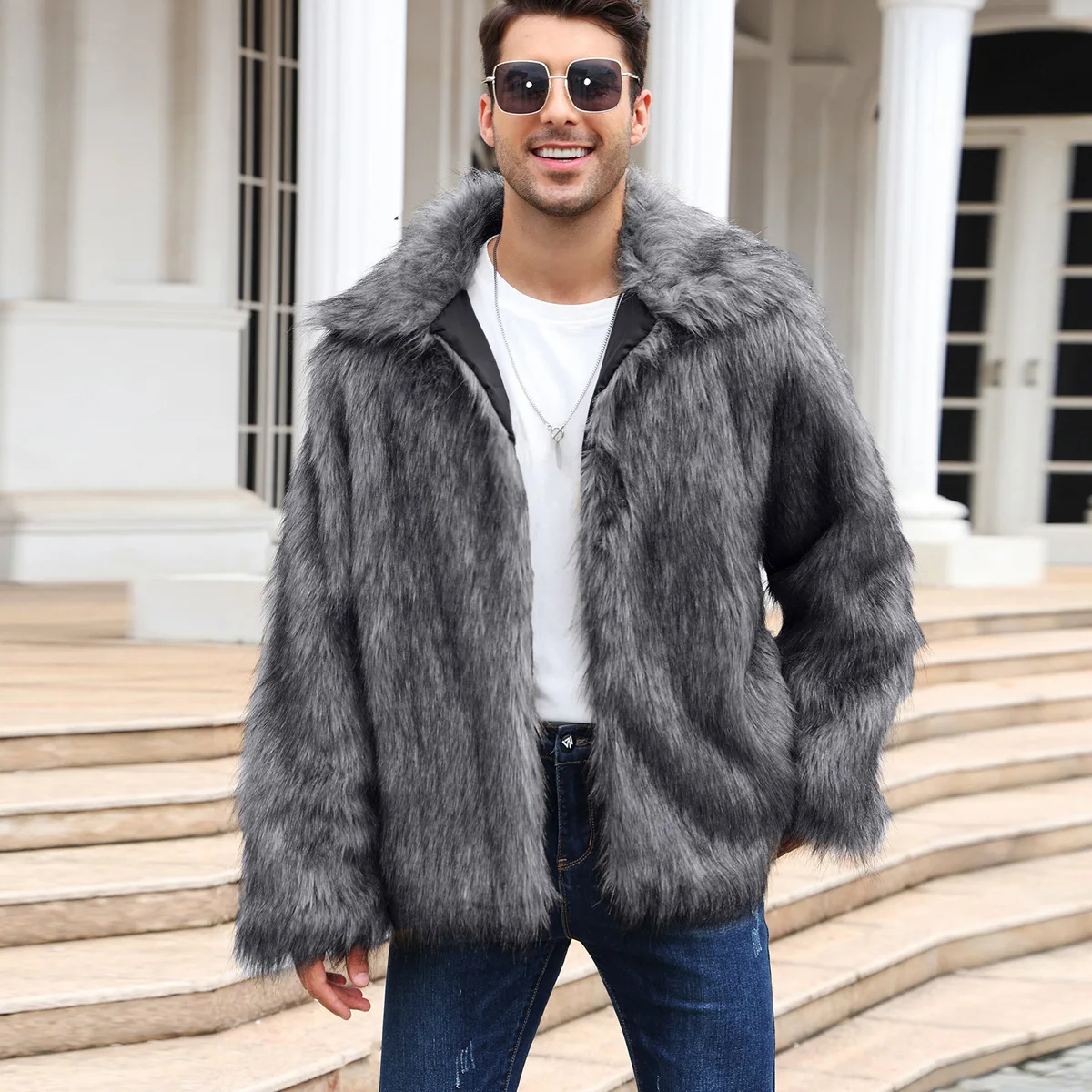 Men Faux Fox Fur Jacket Coat W - Winter Clothing Cute 评论和价格